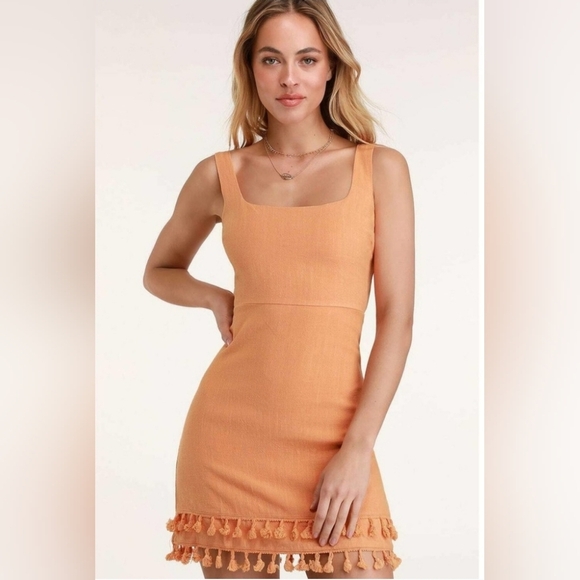 Lulus Women's Sz Medium Feel The Sun Shine Washed Orange Tassel Hem Dress - Picture 1 of 9